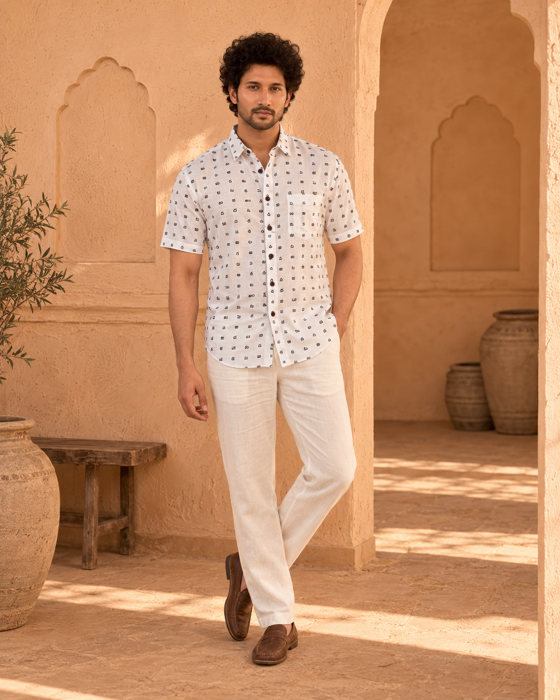 Classic Telugu Alphabets Block Print Cotton Men's Shirt Half