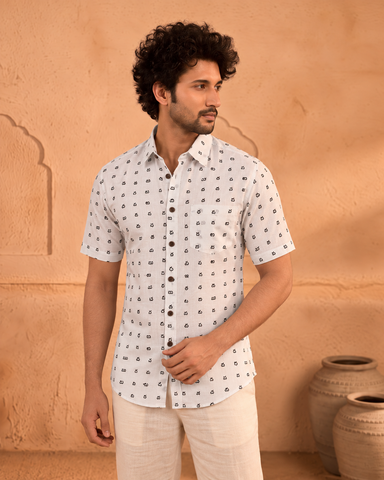 Classic Telugu Alphabets Block Print Cotton Men's Shirt Half - Organic