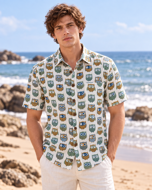 Owl Print Cotton Half Shirt for Men