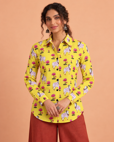 Womens Pichwai Cow Print Cotton Full Sleeves Shirt