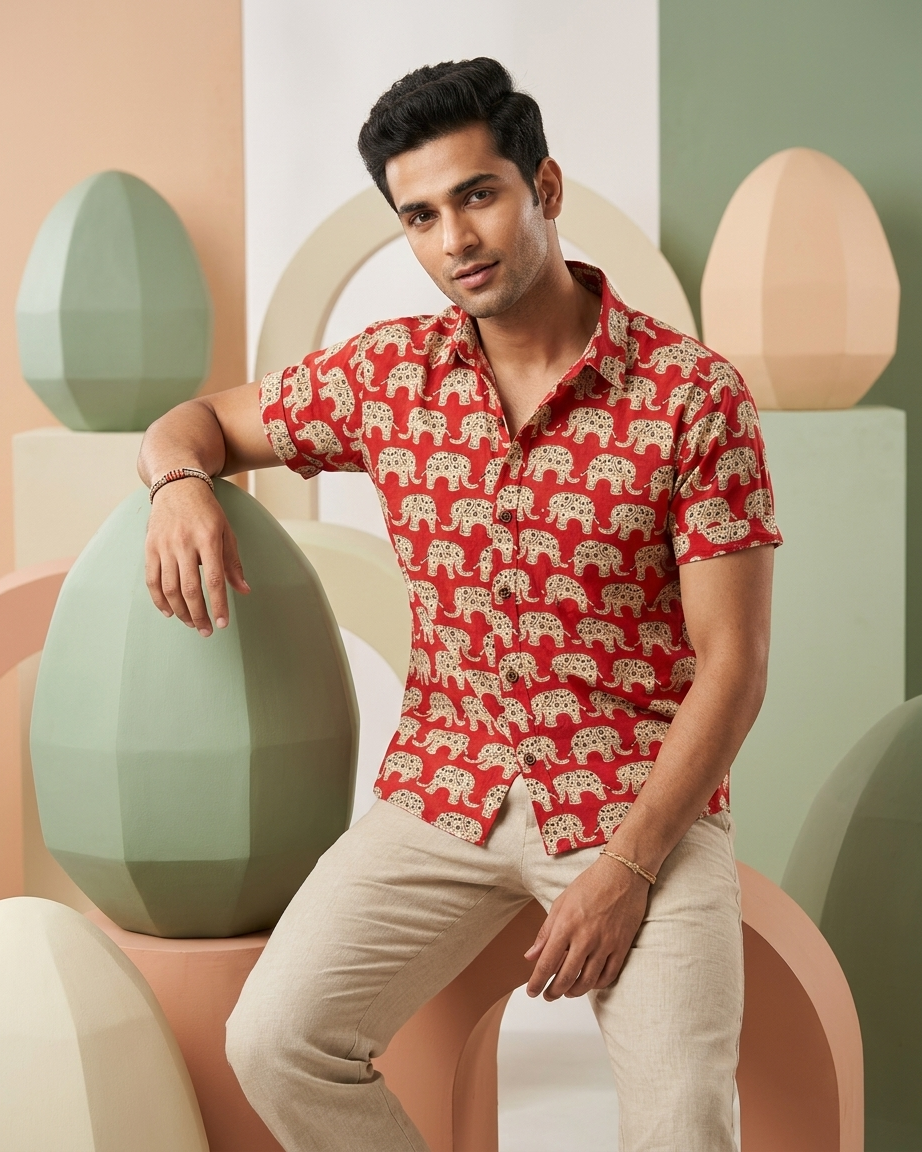Traditional Vintage Elephant Print Cotton Shirt for Men