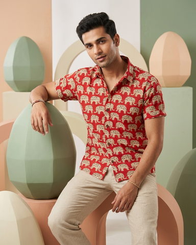 Traditional Vintage Elephant Print Cotton Shirt for Men