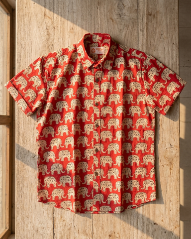 Traditional Vintage Elephant Print Cotton Shirt for Men
