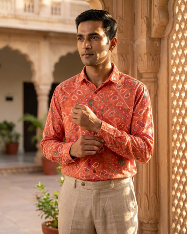Classic Orange Bandhej Cotton Full Sleeve Shirt for Men