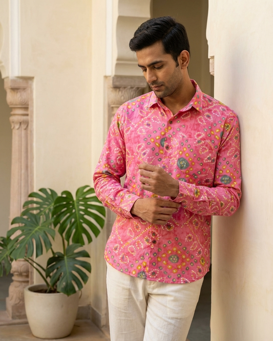 Peach Bandhej Cotton Full Sleeve Shirt for Men