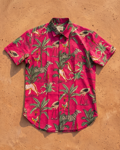 Pink Jungle Print Vintage Short Sleeve Men's Shirt