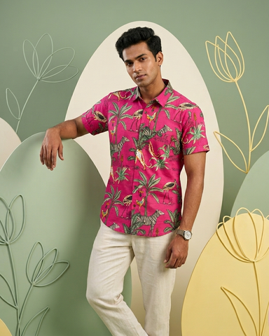 Pink Jungle Print Vintage Short Sleeve Men's Shirt