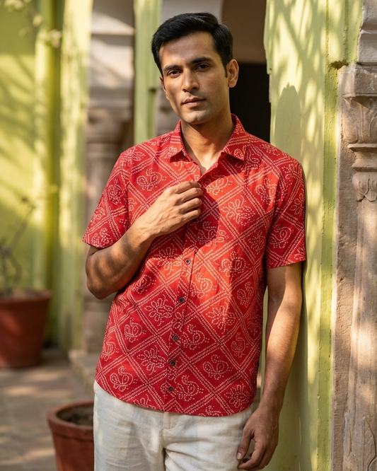 Cotton Half Sleeve Bandhej Print Roka Shirt for Men