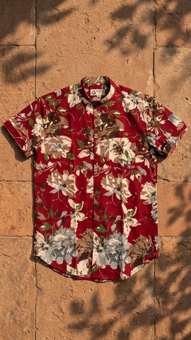 Classic Red Mandarin Collar Floral Cotton Shirt for Men - Goa Edit