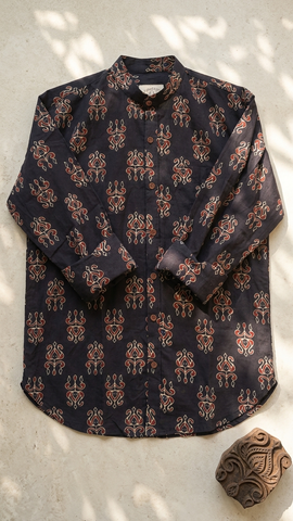 Black Mandarin Collar Floral Cotton Shirt for Men