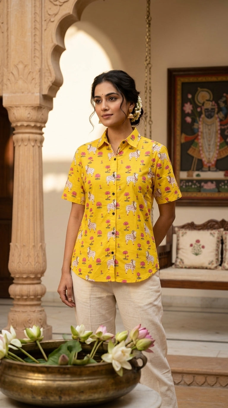 Pichwai Cow Printed Cotton Half Sleeve Shirt For Women