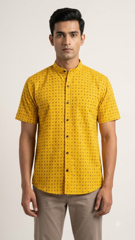 Haldi Print Half Sleeve Cotton Shirt for Men - Mandarin