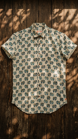 Traditional Vintage Elephant Print Cotton Shirt for Men