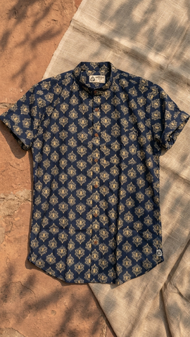Mandarin Collar Floral Cotton Shirt for Men - Festive Edit