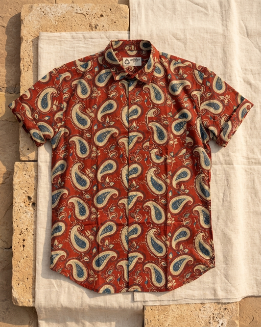 Short Sleeve Kalamkari Print Cotton Shirt For Men