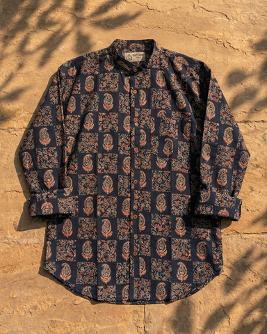 Floral Print Mandarin Collar Cotton Shirt for Men