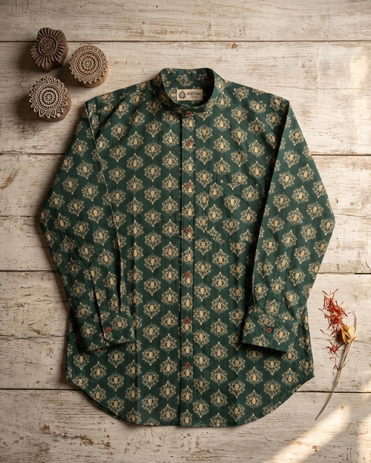 Floral Print Mandarin Collar Cotton Shirt for Men