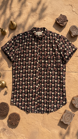 Polka Mandarin Collar Floral Cotton Shirt for Men