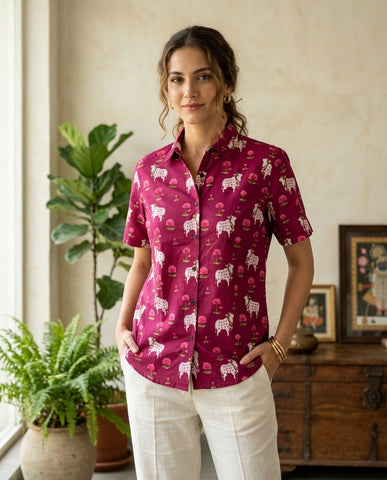 Pichwai Cow Printed Cotton Half Sleeve Shirt For Women