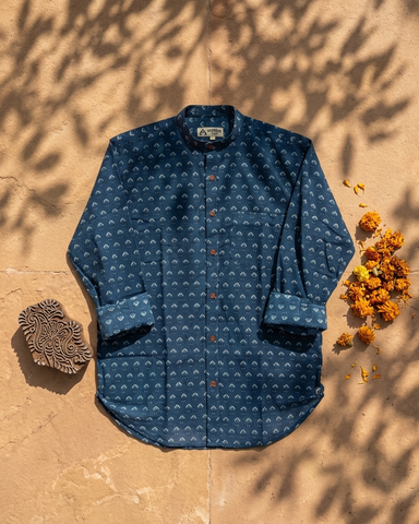 Ajrakh Print Mandarin Collar Cotton Shirt for Men