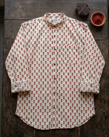 Small Floral Print Mandarin Collar Cotton Shirt for Men