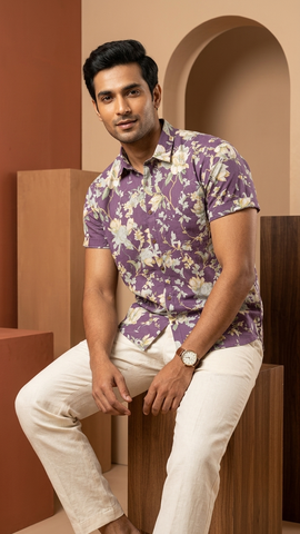 Purple Classic Floral Print Shirt For Mens By Kartikeya Jaipur - Goa Vibe