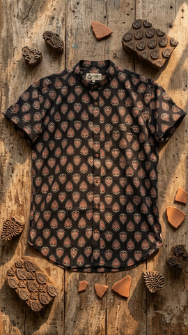 Kalamkari Print Half Sleeve Cotton Shirt for Men - Mandarin