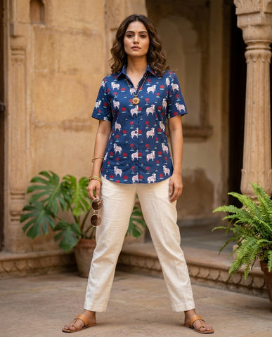 Womens Pichwai Cow Print Cotton Half Sleeves Shirt