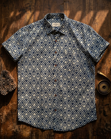 Indigo Print Cotton Half Sleeves Shirt for Men - Limited Edition