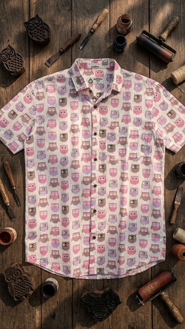 Half Sleeve Shirt for Men in Cute Owl Print