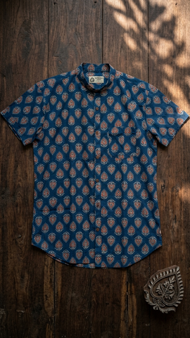 Traditional Mandarin Collar Floral Cotton Shirt for Men