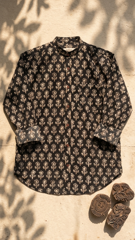 Black Mandarin Collar Floral Shirt for Men