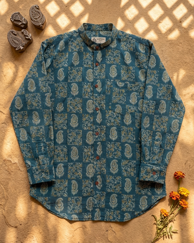 Kalamkari Print Mandarin Collar Cotton Shirt for Men