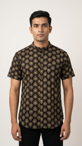 Mandarin Collar Floral Cotton Shirt for Men - Festive Edit