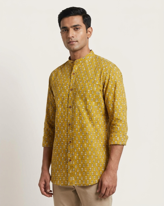 Haldi Print Mandarin Collar Cotton Shirt for Men - Festive Edit