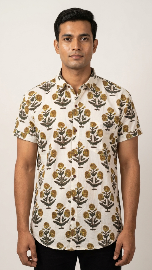 Traditional Print Half Sleeves Cotton Shirt for Men