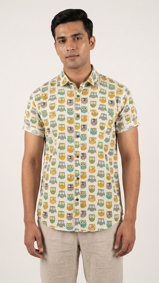 Cute Owl Print Cotton Half Sleeve Men Shirt