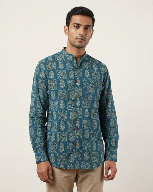 Kalamkari Print Mandarin Collar Cotton Shirt for Men