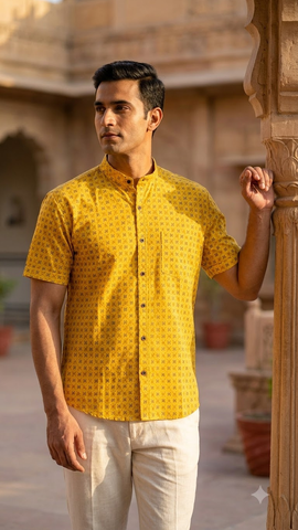 Haldi Print Half Sleeve Cotton Shirt for Men - Mandarin