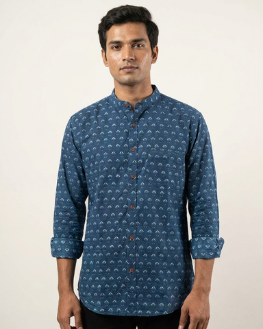 Ajrakh Print Mandarin Collar Cotton Shirt for Men