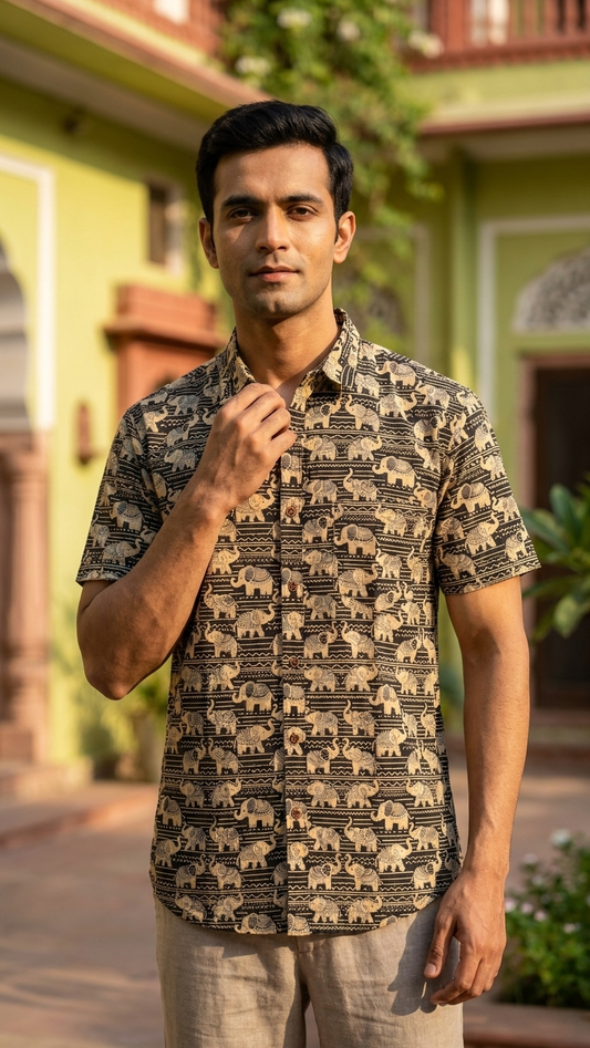 Traditional Elephant Print Cotton Shirt For Men