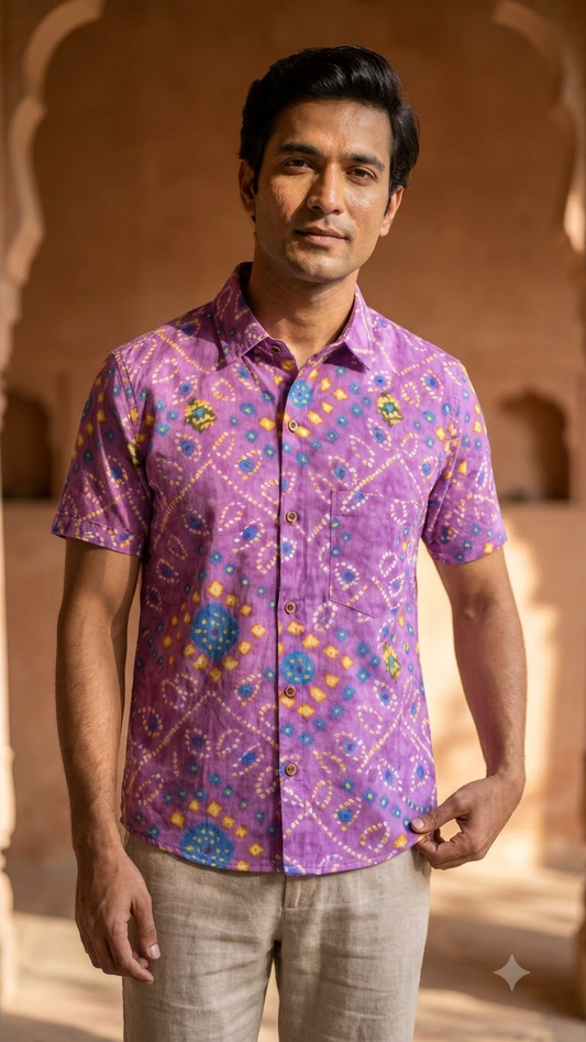 Purple Bandhej Print Men's Cotton Shirt