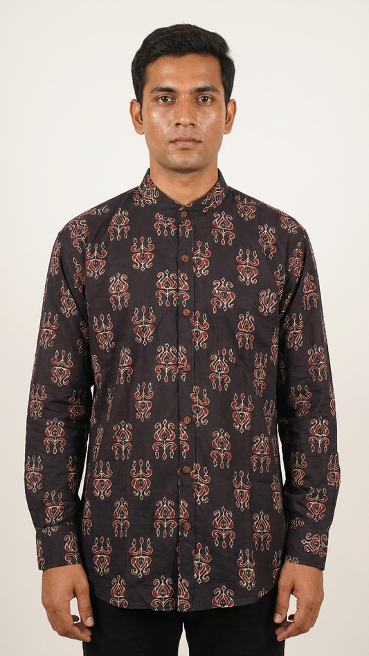 Black Mandarin Collar Floral Cotton Shirt for Men