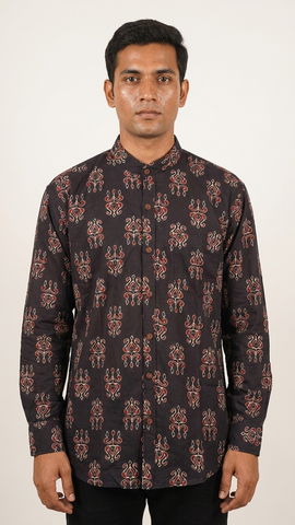 Black Mandarin Collar Floral Cotton Shirt for Men