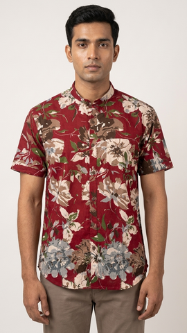 Classic Red Mandarin Collar Floral Cotton Shirt for Men - Goa Edit