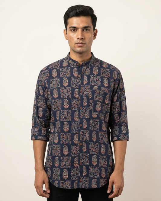 Floral Print Mandarin Collar Cotton Shirt for Men