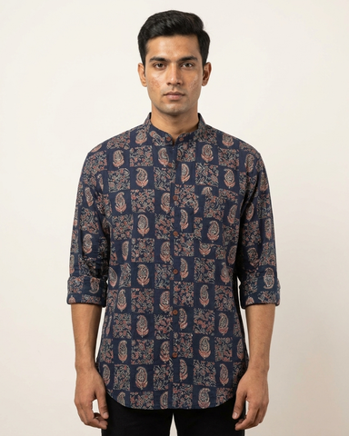 Floral Print Mandarin Collar Cotton Shirt for Men