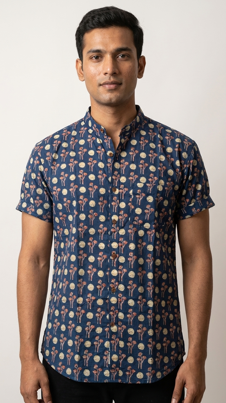 Kartikeya Jaipur Mandarin Collar Floral Cotton Shirt for Men
