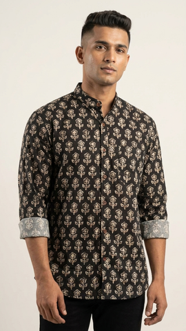 Black Mandarin Collar Floral Shirt for Men