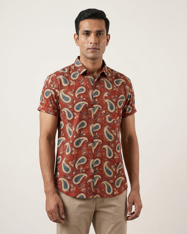 Short Sleeve Kalamkari Print Cotton Shirt For Men
